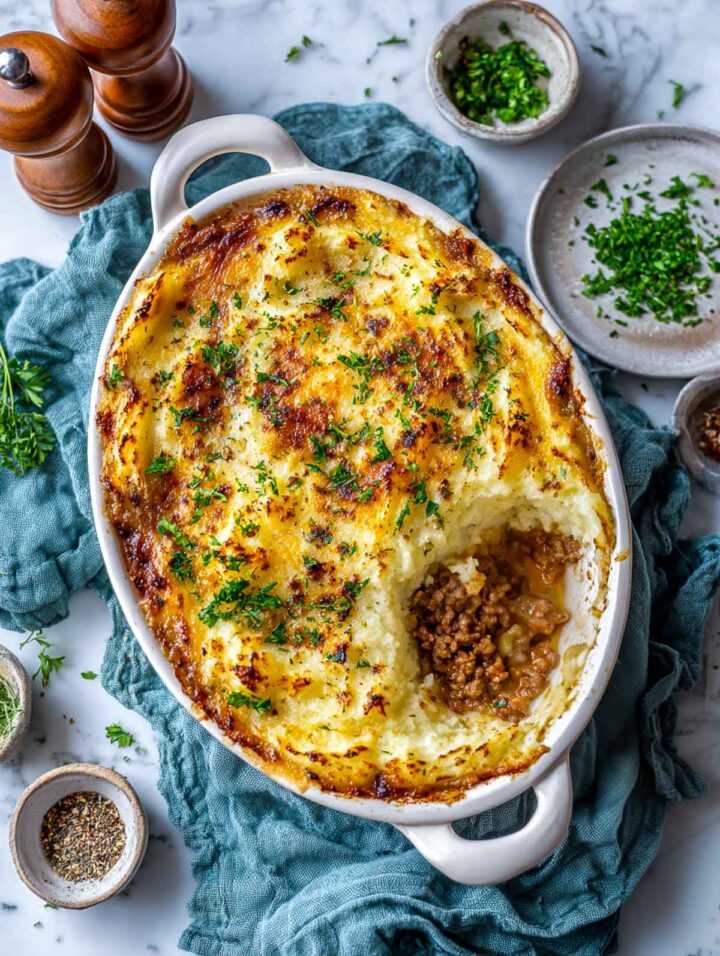 Top view of baked low-carb cottage pie in white oval dish with golden cauliflower mash and parsley garnish on marble surface.