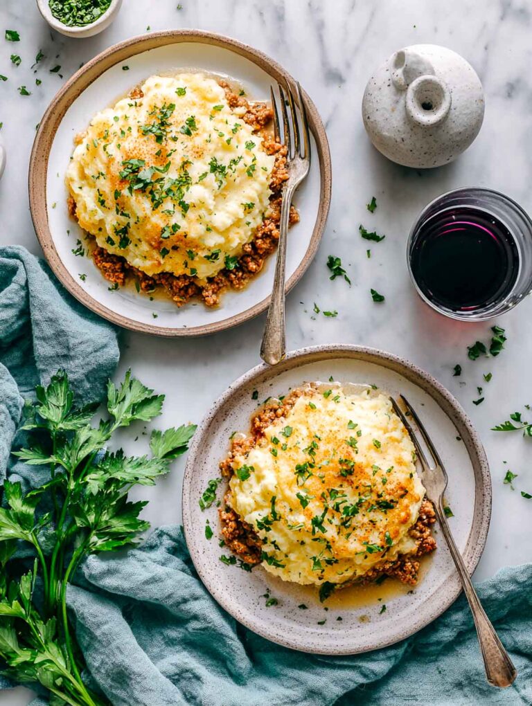 Top view of two plated servings of low-carb cottage pie on marble surface with parsley and teal linen.