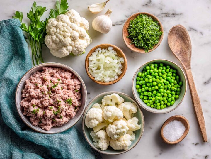 Top view flat lay of cottage pie ingredients including ground turkey, cauliflower, peas, onions, herbs, and garlic on marble surface.