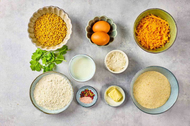 Ingredients placed in a grey surface in individual bowls.