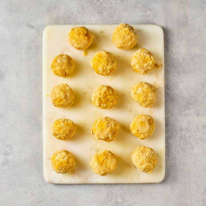 All the breaded bites ready to be deep fried.