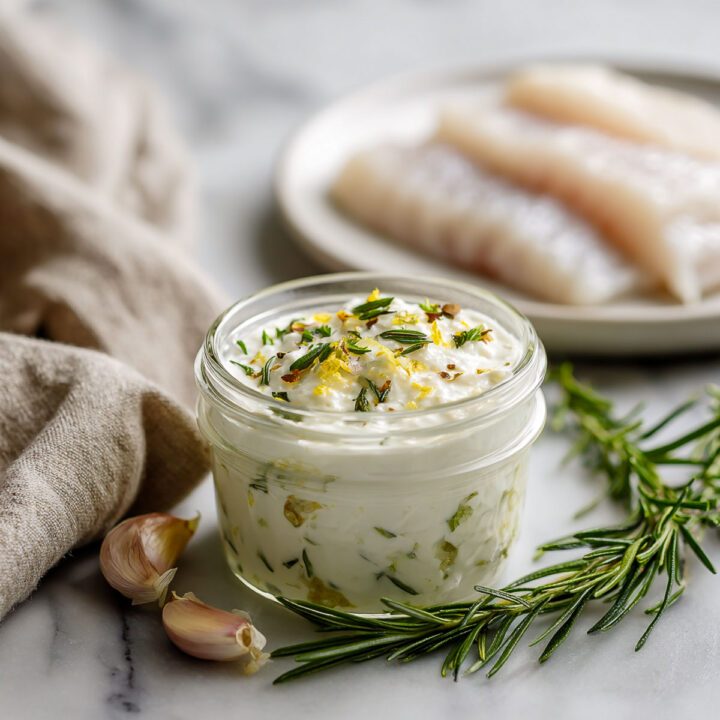 A small jar of garlic rosemary marinade to be used to marinate fish.