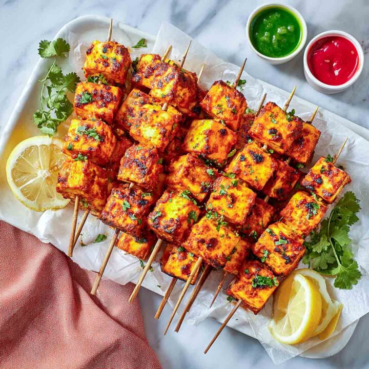 Grilled skewers of bright red paneer tikka arranged on a platter with lemon wedges and small bowls of green and red chutney.