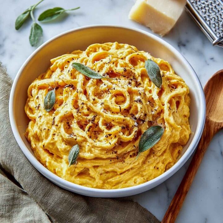 Pasta with creamy orange sauce, topped with sage leaves and pepper in a white bowl.