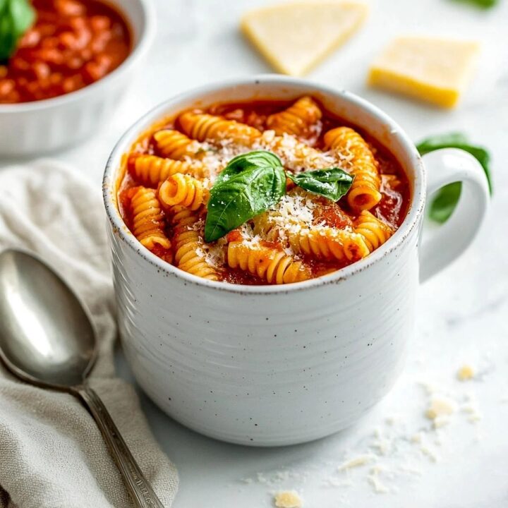 Spiral pasta in tomato sauce served in a white mug, topped with basil and cheese.