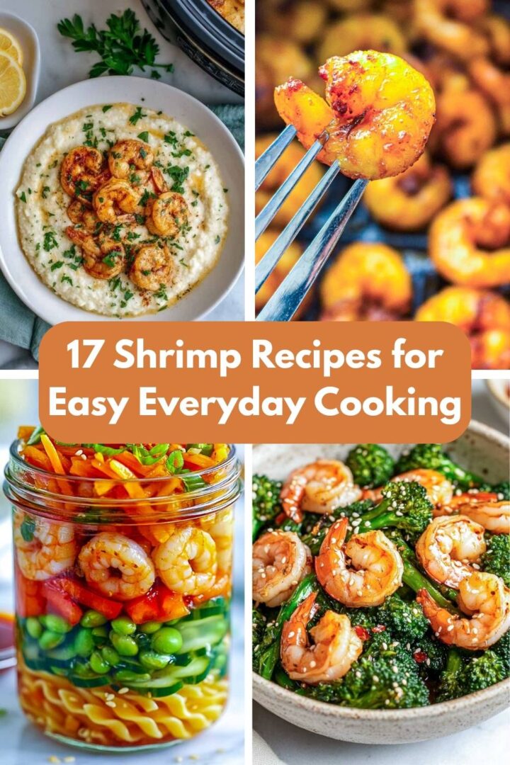 A four-image collage of shrimp recipes.