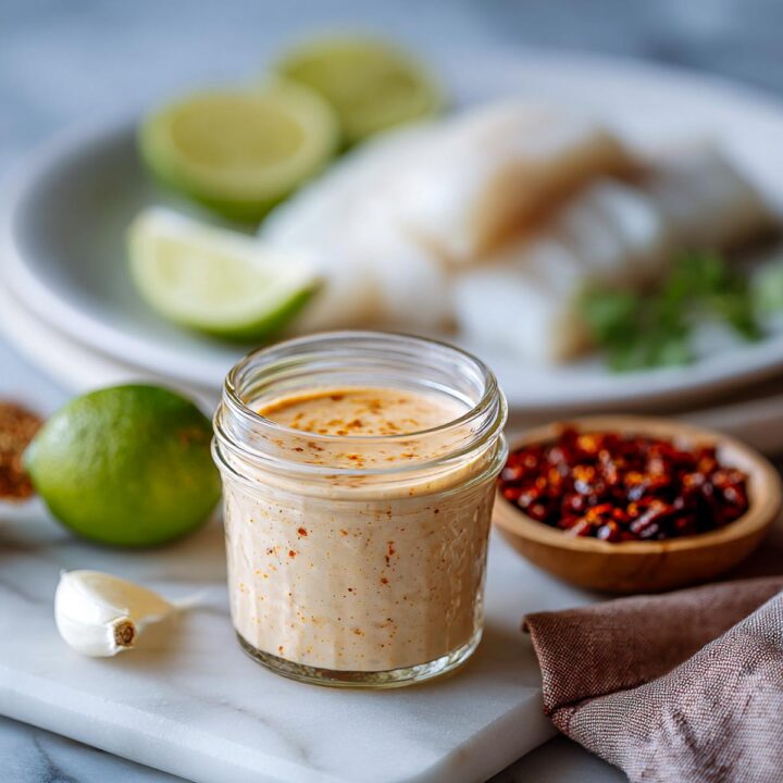 A jar of chipotle lime greek yogurt marinade on a marble board.