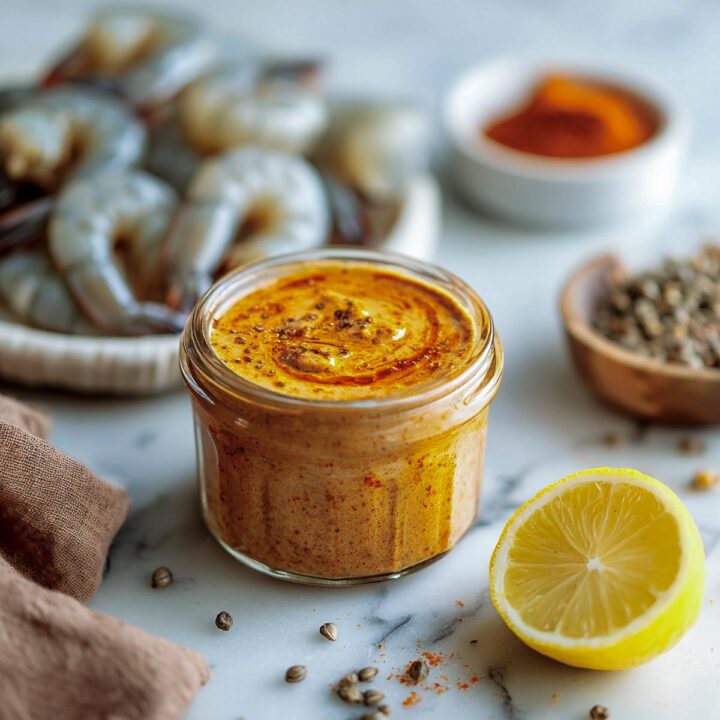 Harissa greek yogurt marinade in a small glass jar.