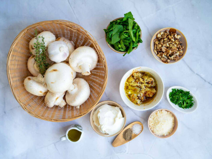 Ingredients placed on a white marble surface.