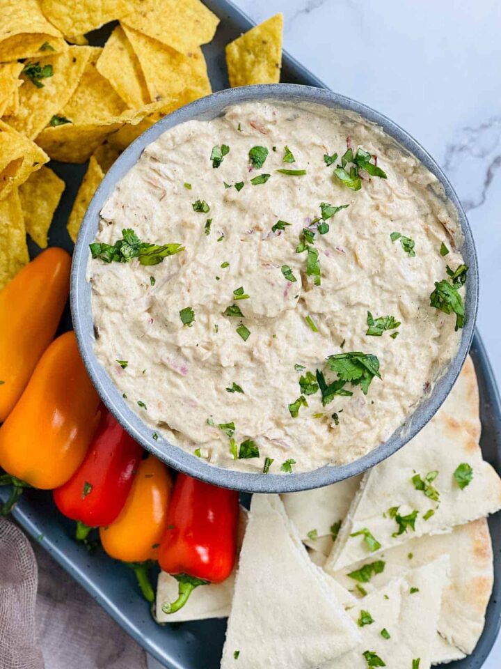 A ceramic bowl of creamy, savory tandoori chicken dip garnished with chopped fresh cilantro, sitting on a dark gray platter. It is surrounded by corn tortilla chips, wedges of pita bread, and small red and orange bell peppers.