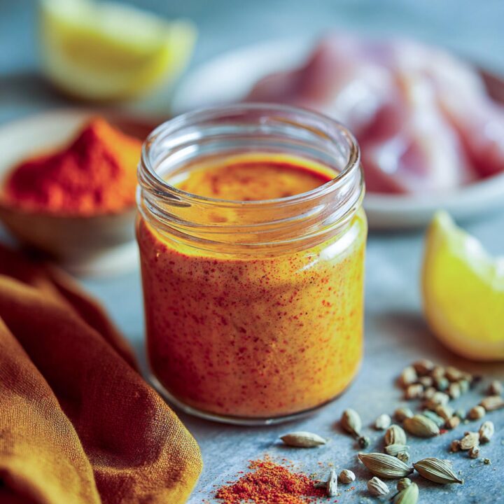 Tandoori style greek yogurt marinade in a glass jar with spices in the background.