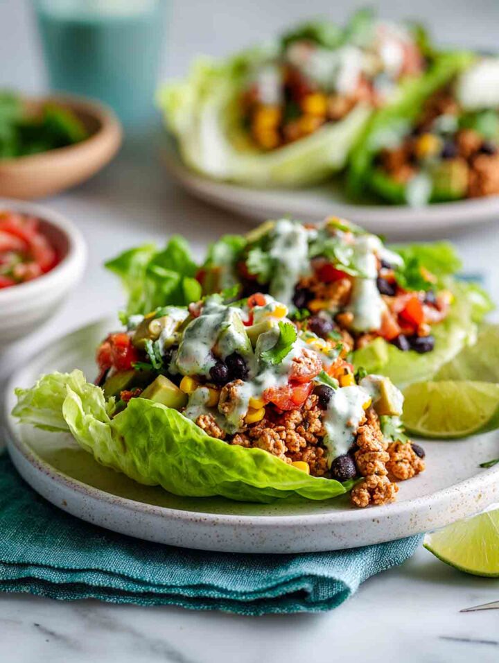 Slightly angled view of lettuce cups on plate with creamy lime dressing and salsa.
