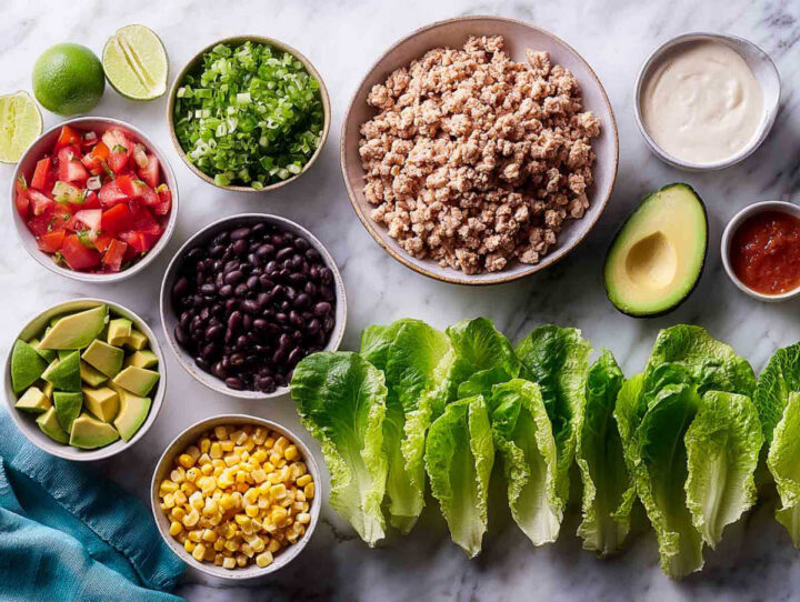 Fresh lettuce, ground chicken, avocado, beans, corn, and toppings arranged on marble surface.
