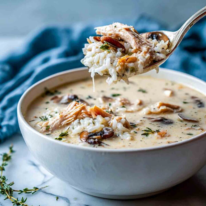 Close-up spoon lifting creamy turkey rice soup with rice and mushrooms.