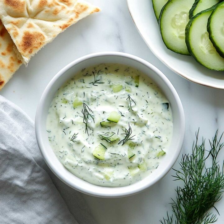 An overhead shot of a bowl of creamy Tzatziki Greek yogurt dip containing grated or diced cucumber and fresh dill, served on a marble surface. The dip is accompanied by wedges of pita bread and a plate of sliced cucumbers.