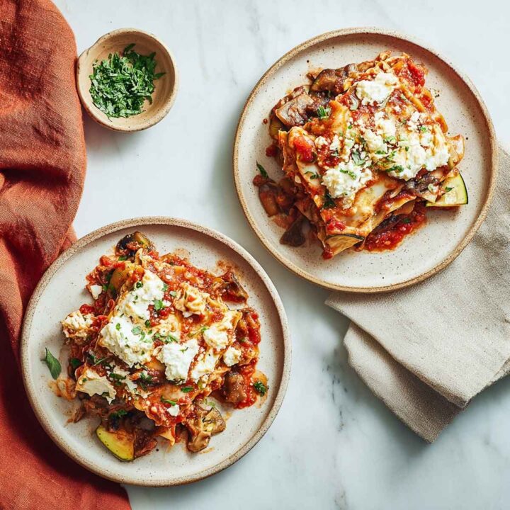 Two servings of crockpot lasagna with vegetables, red sauce, and vegan cottage cheese or ricotta, garnished with fresh herbs.