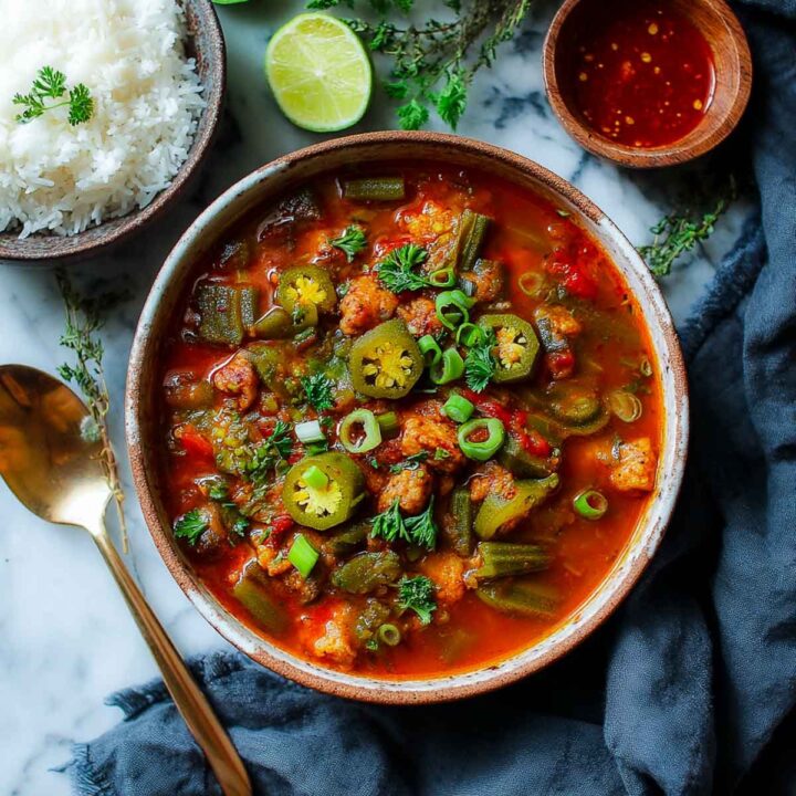 A bowl of vegan gumbo with okra, a reddish-brown broth, and plant-based protein, garnished with sliced jalapeños and scallions, and served with a side of white rice.