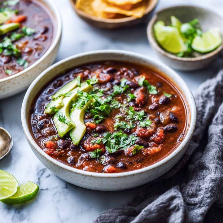 Bowl of high-protein black bean soup garnished with sliced avocado and fresh cilantro, served with lime wedges and tortilla chips.