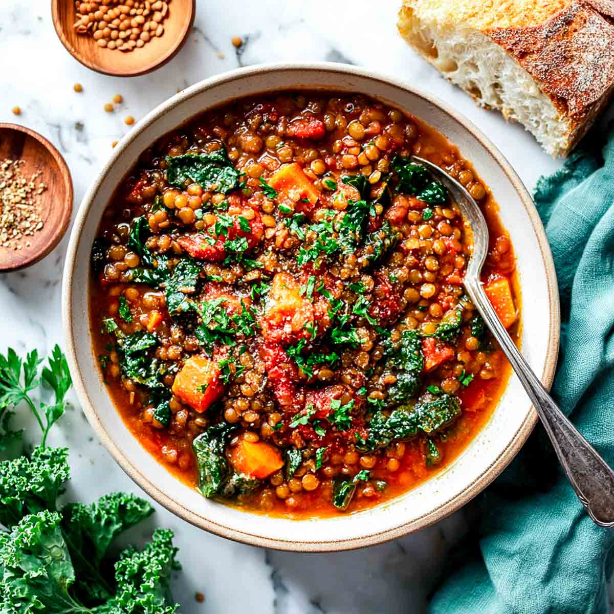 A hearty vegan lentil and kale stew with diced vegetables in a white bowl, garnished with parsley and served with a piece of crusty bread.