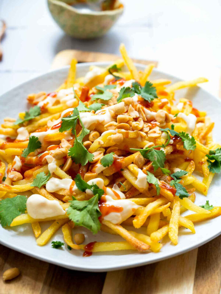 Close up of a plate served with Vietnamese loaded fries.