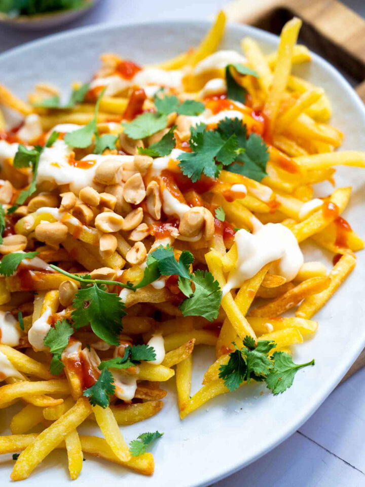 Close up of Vietnamese loaded fries topped with peanuts and sauces.