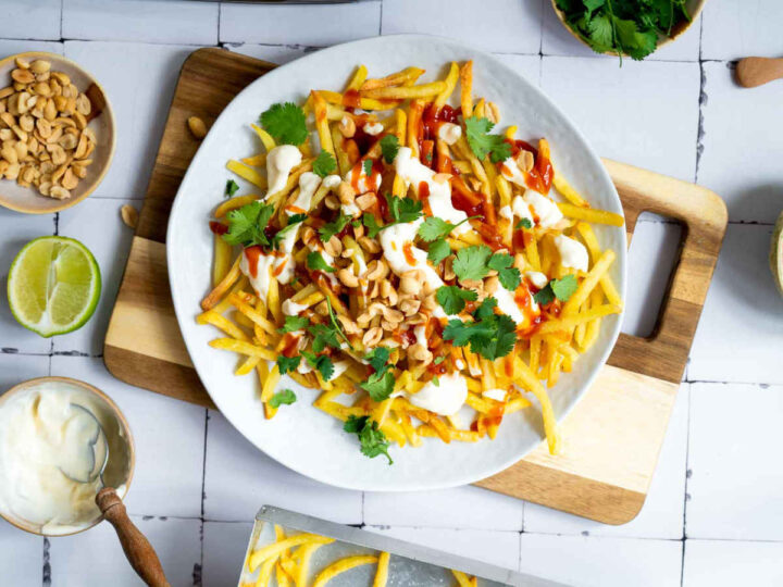 Garnish and toppings on the fries on a white serving plate.