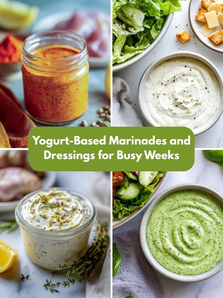 A four-image collage of Greek yogirt marinades and dressings.