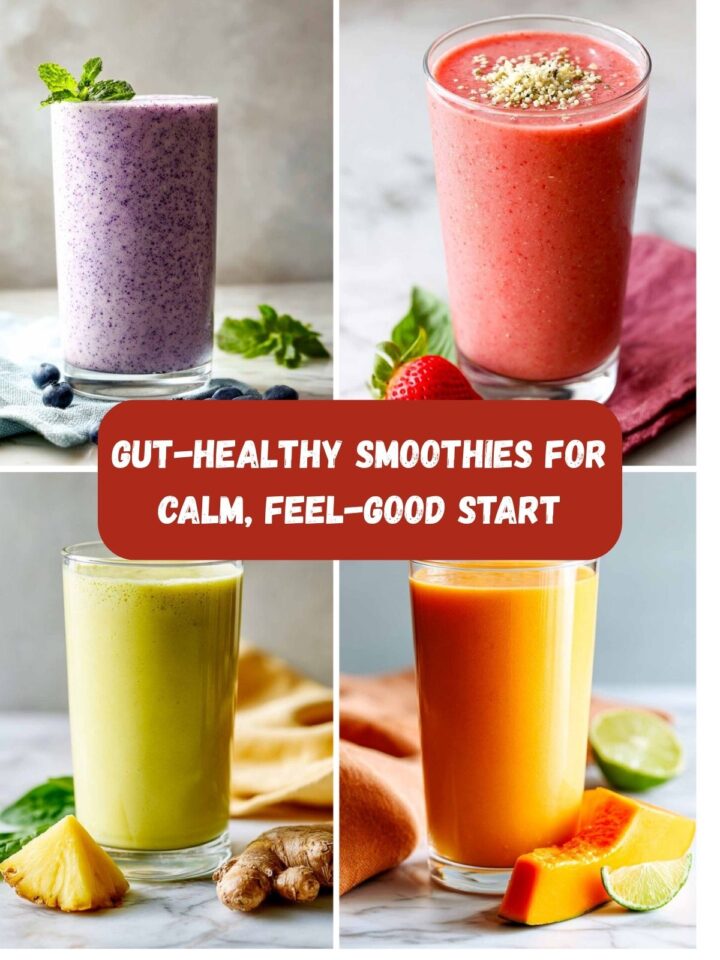 A four-image collage of smoothies with text overlay.