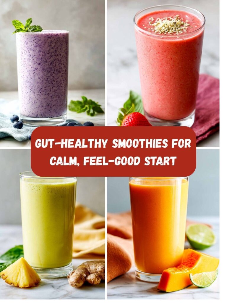 A four-image collage of smoothies with text overlay.