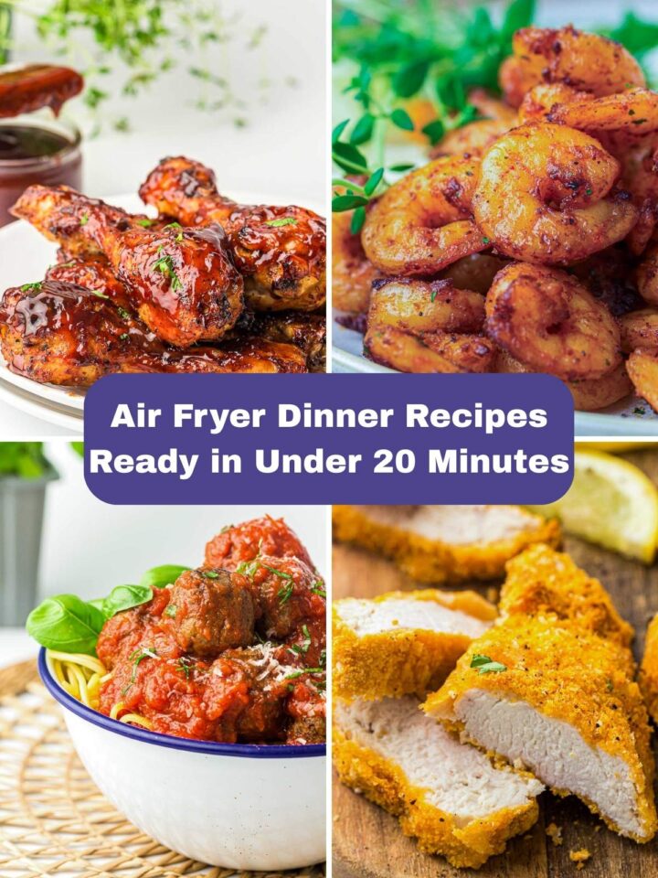 A four-image collage of air fryer dinners with text overlay.