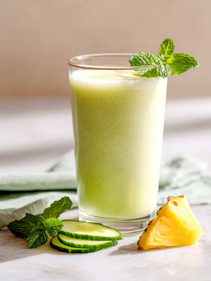 Cucumber pineapple smoothie in tall glass with mint and cucmber slices placed next to the glass.