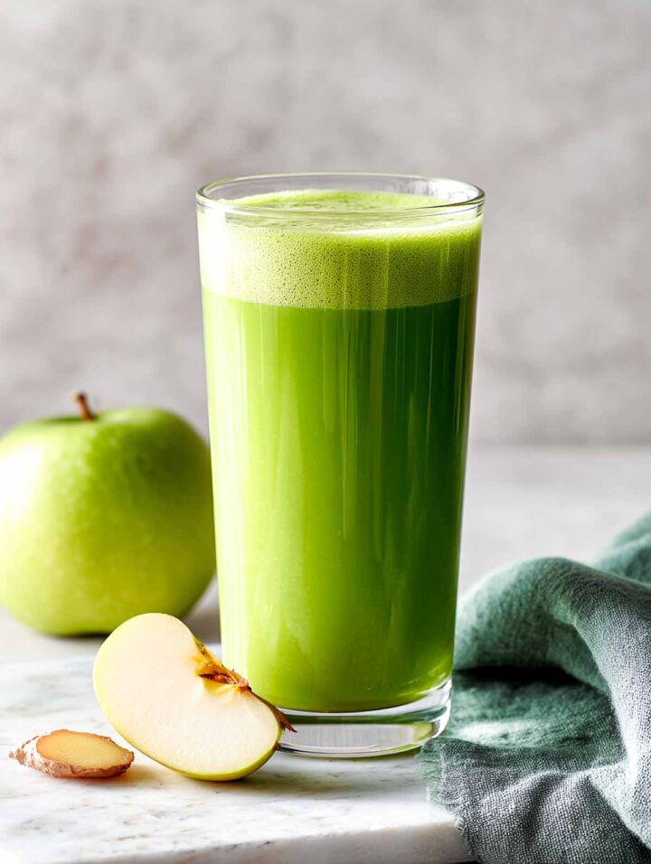 Green apple ginger smoothie in tall glass with apple and ginger slice placed next to the glass.
