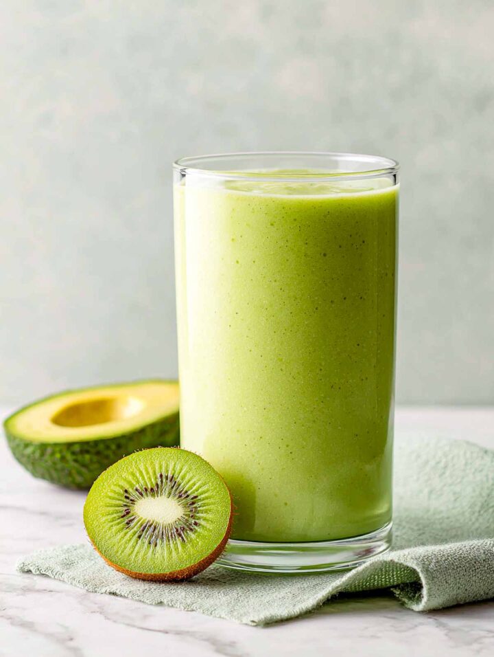 Kiwi avocado yogurt smoothie in tall glass placed on a white marble surface.
