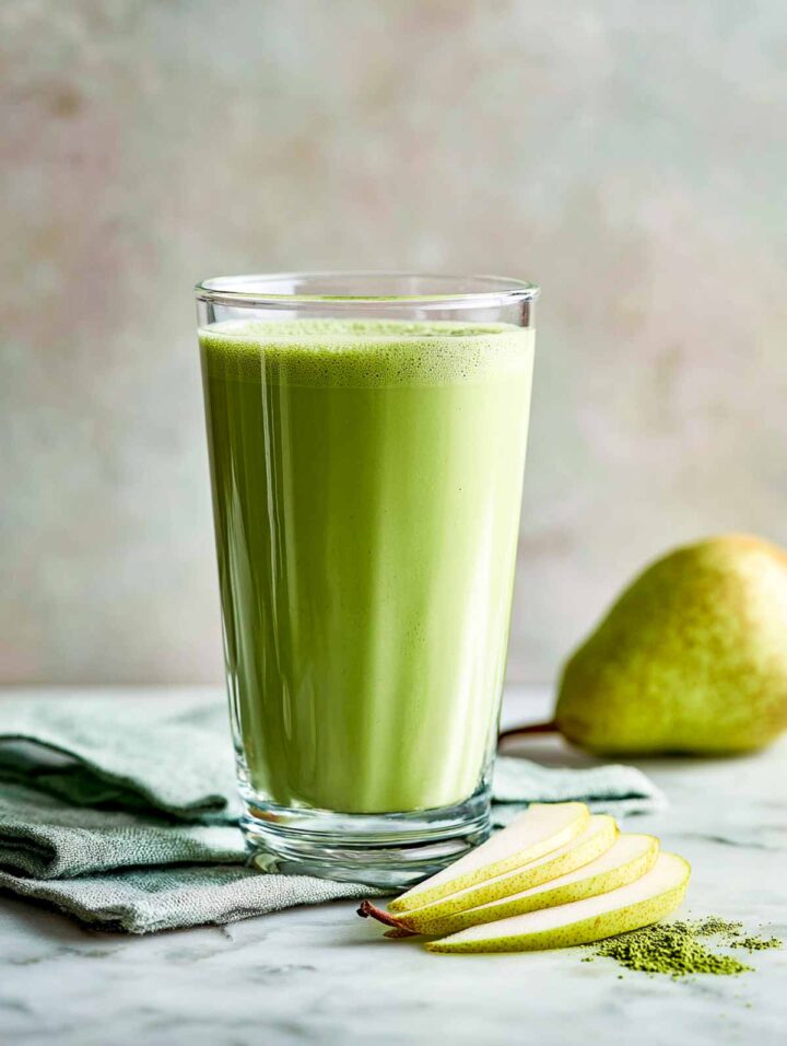 A tall glass of green-colored matcha smoothie with pear in the background.