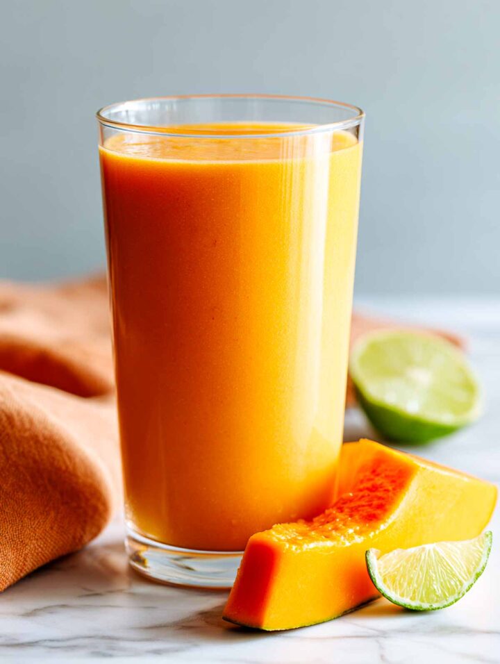 Papaya lime smoothie in tall glass with papaya and lime slices placed next to the glass.
