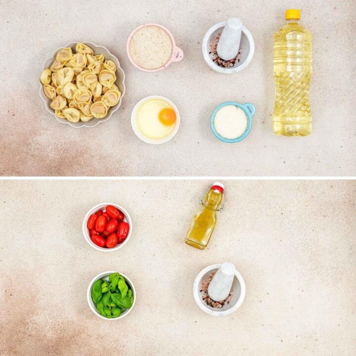Two-part overhead view showing tortellini, egg, breadcrumbs, parmesan, oil, cherry tomatoes, and fresh basil.