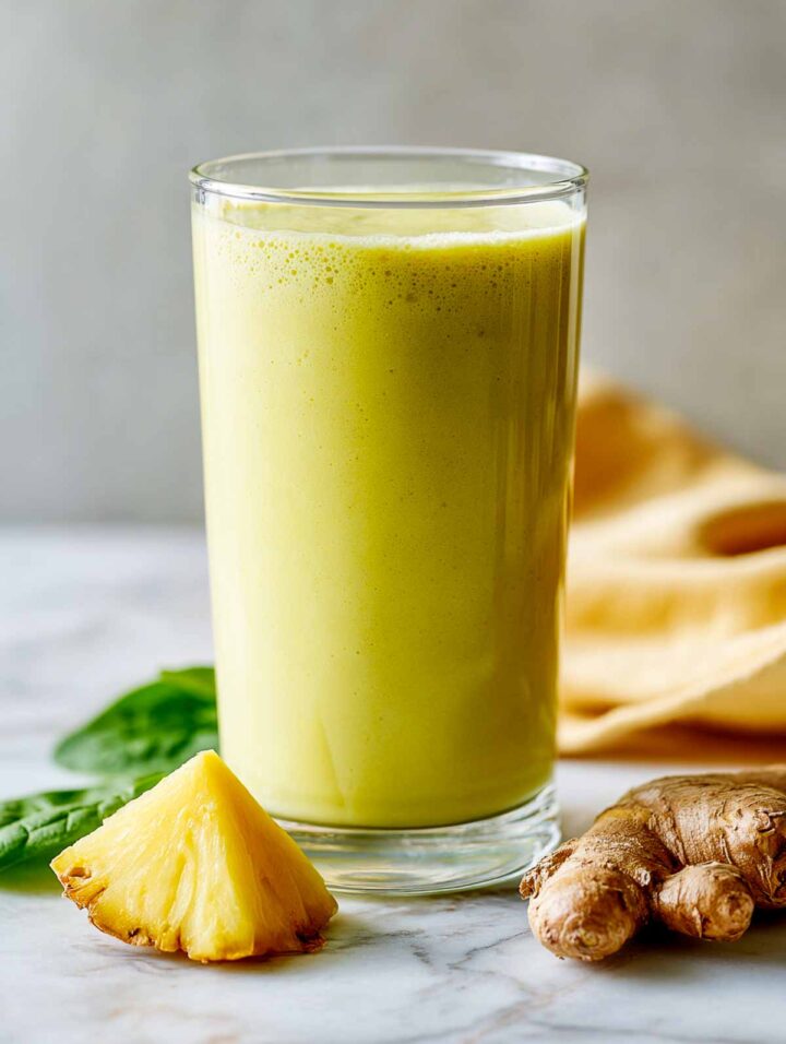 Pineapple ginger kefir smoothie in tall glass placed on a white marble surface.