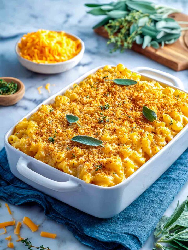 Creamy pumpkin sage mac and cheese baked with golden breadcrumb topping.