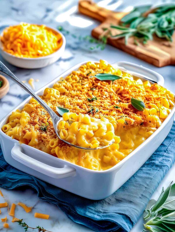 Spoonful of creamy pumpkin sage mac and cheese lifted from casserole.
