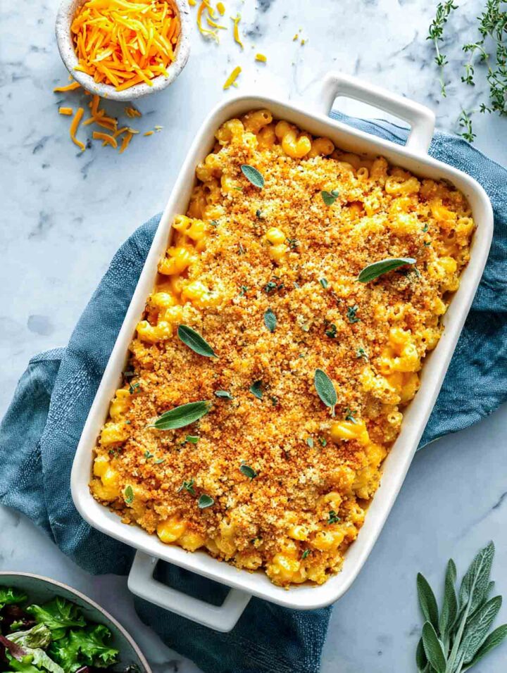 Top-down view of baked pumpkin sage mac and cheese with crisp topping.