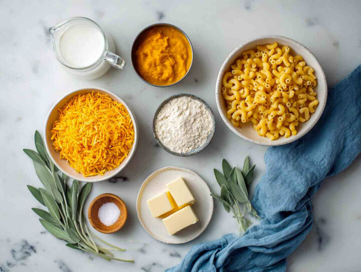 Top-down view of ingredients for pumpkin sage mac and cheese on marble surface.