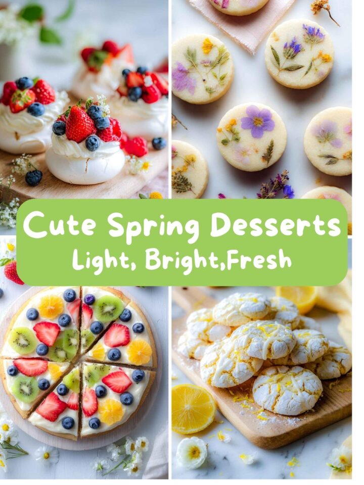 A four-image collage of cute spring desserts with text overlay.
