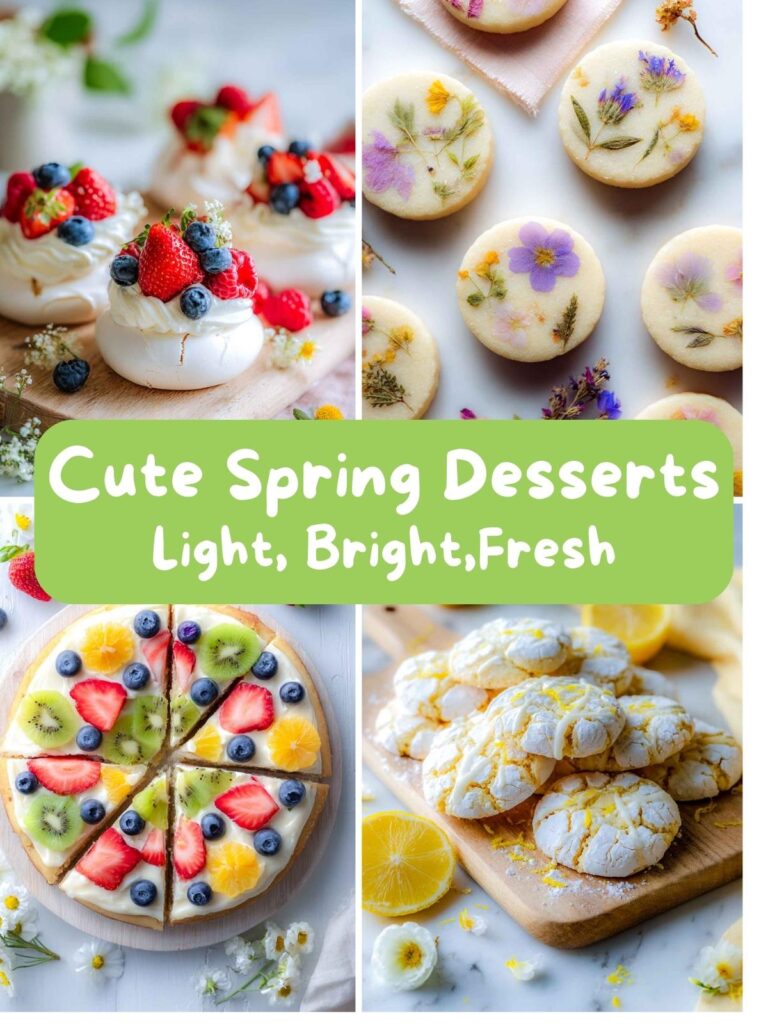 A four-image collage of cute spring desserts with text overlay.