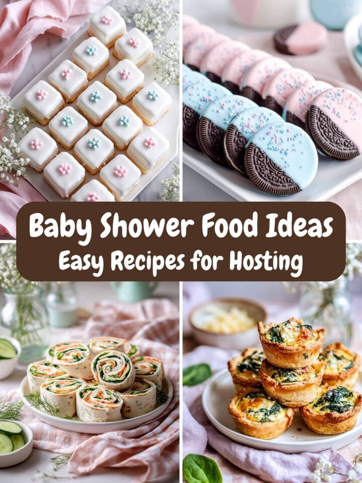 A four-image collage of baby shower food ideas with text overlay.