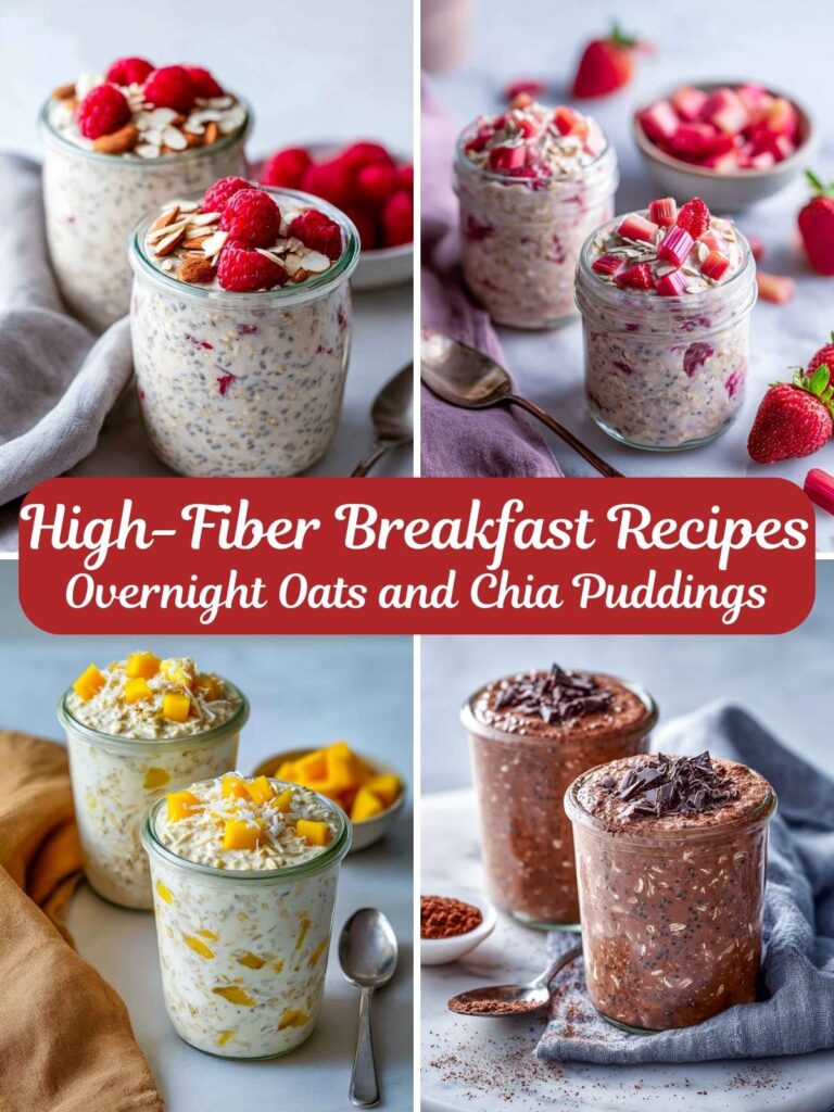 A four-image collage of overnight oats and chia pudding recipes.