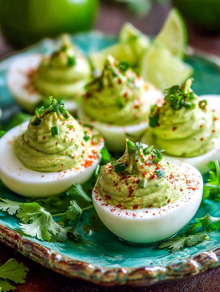 Avocado lime deviled eggs with creamy green filling and cilantro garnish.