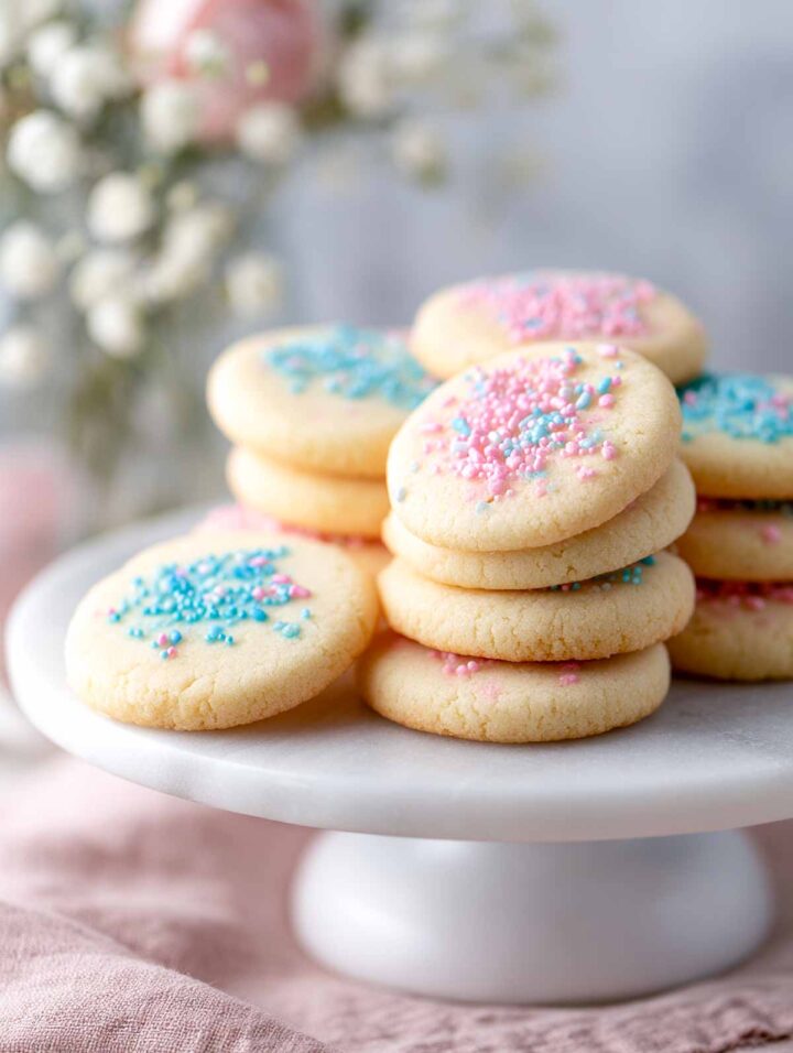 Soft vanilla sugar cookies topped with pink and blue sprinkles on a white cake stand.