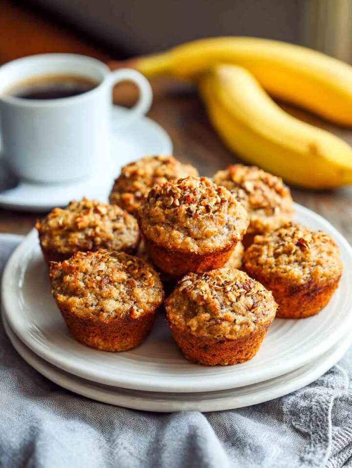 Banana quinoa muffin bites with flax topping on white plate.