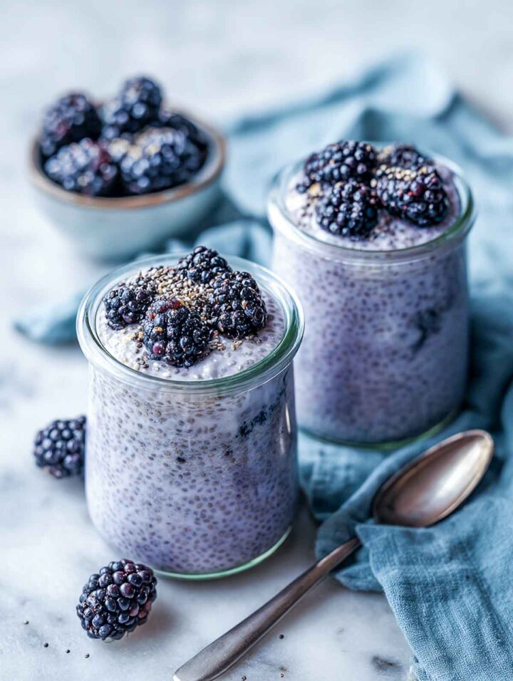 Glass jars filled with pale purple blackberry chia pudding, topped with whole blackberries and a light sprinkle of seeds, set on a white marble surface with a soft blue linen and spoon nearby.