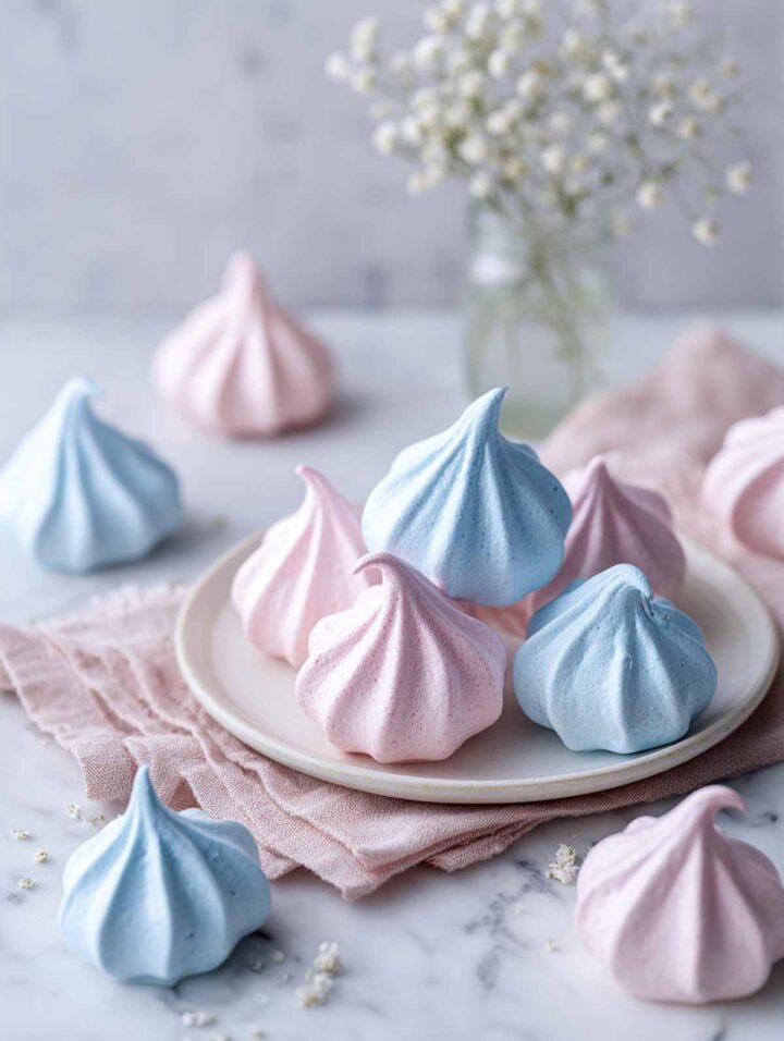Pink and blue pastel meringue kisses arranged on a white plate with soft fabric and florals.